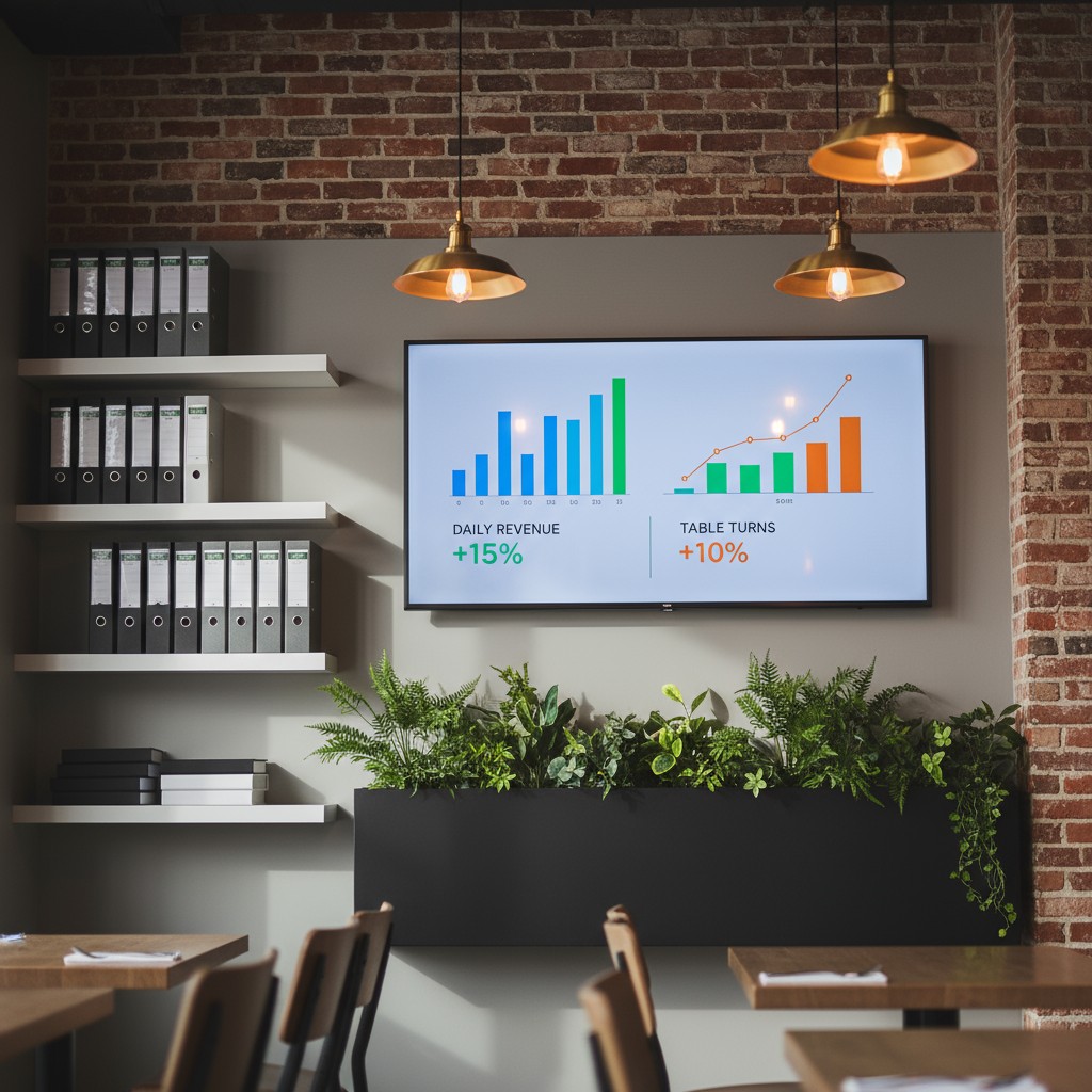 A bar graph and line graph display data on a monitor, illustrating daily revenue growth and table turns. Green bars indica...