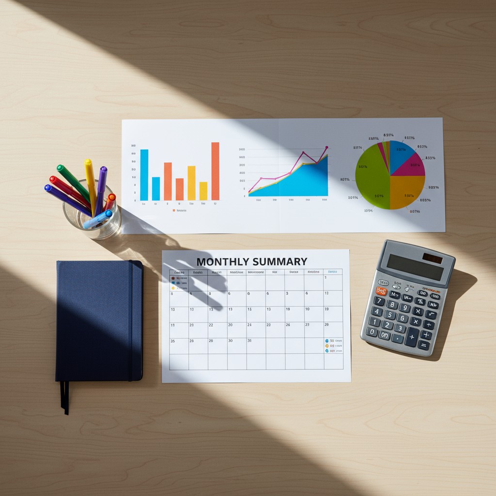 A landscape-oriented table-top photo of an office workstation featuring a daily calendar, graph, plain white paper, pen po...