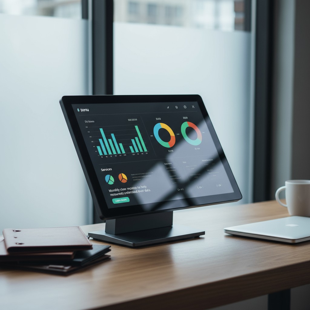 A computer monitor displaying various graphs and bar charts, placed on a desk with a laptop and coffee mug.