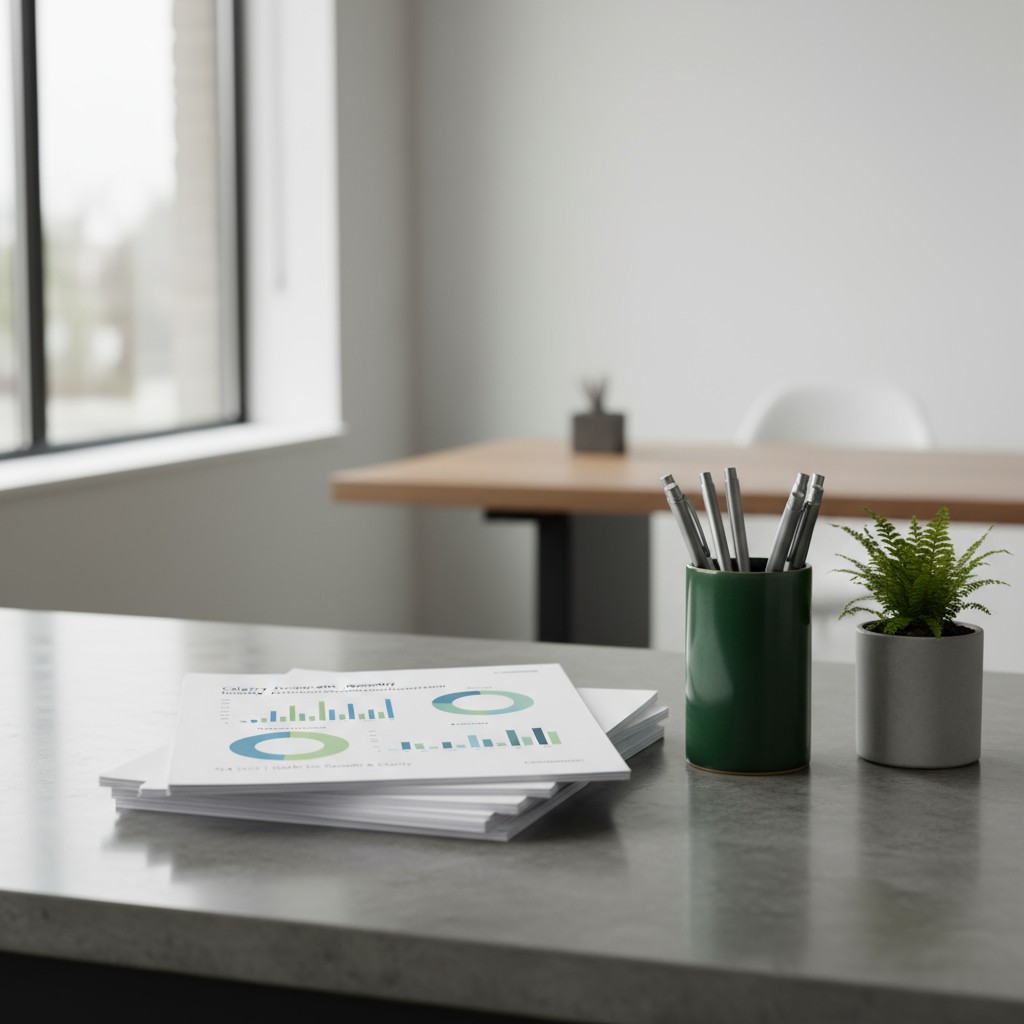 The image depicts a clean office space with minimal decor, a window, and a central desk with a stack of papers and office ...